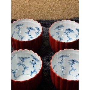 Scalloped Red Porcelain Tea Cups With Blue Floral Interior Design Set Of 4